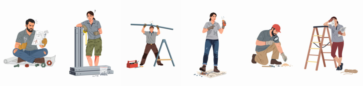 Illustrations of frustrated individuals facing common challenges and mistakes during home improvement, DIY, and assembly tasks, highlighting confusion and effort.