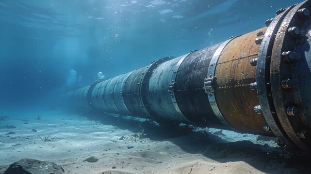 Decayed submarine pipeline sits quietly beneath ocean surface