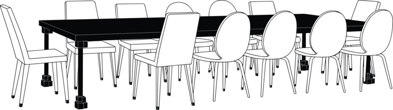 Table, chairs, furniture, office, meeting, boardroom, interior, vector, workspace, corporate, conference, silhouette, dining, minimalist, sketch