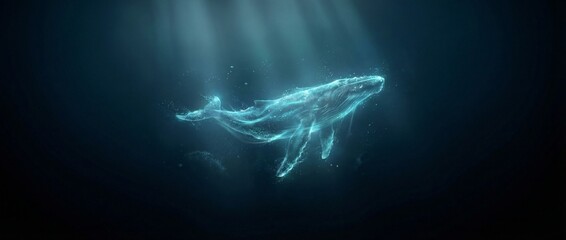 Ethereal glowing whale, resembling a spirit or digital entity, gracefully swimming in the dark, mysterious deep ocean with serene light rays filtering down from above.