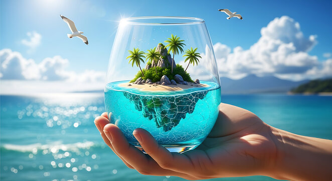 Tropical island diorama inside glass held by hand over ocean