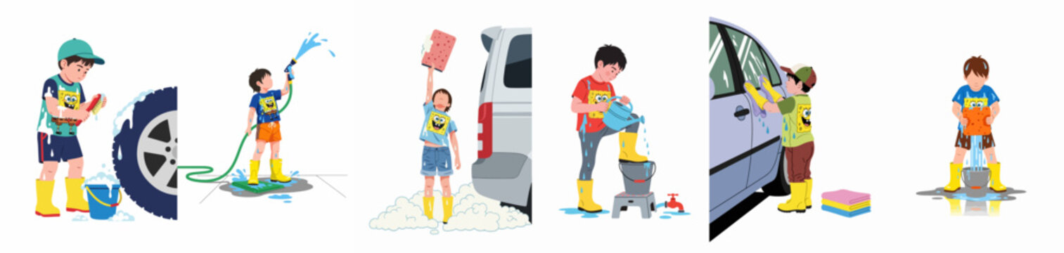 Kids enthusiastically washing a car outdoors, wearing rain boots and SpongeBob shirts, making a splash with water and soap in this fun, helpful chore.