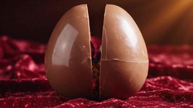 A broken brown eggshell revealing a colorful surprise inside on a red velvet surface in this dramatic video
