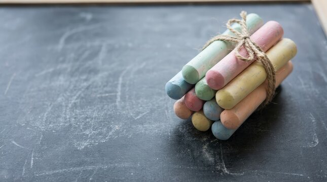 Colorful Chalk Sticks Bundled Together on a Textured Blackboard