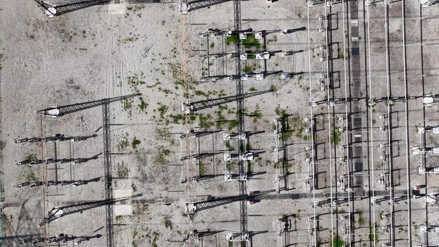 Aerial drone view of electrical substation power distribution layout