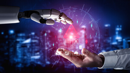Futuristic Robot Hand Reaching Towards Human Hand with Digital Icons and Data Visualization Against...