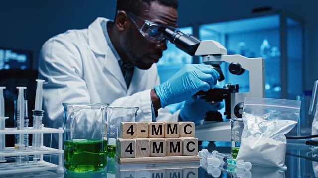 Wooden cubes spell code 4 MMC near colorful lab glassware. Scientist adjusts microscope near pack of drugs by test tubes and liquid samples in lab

