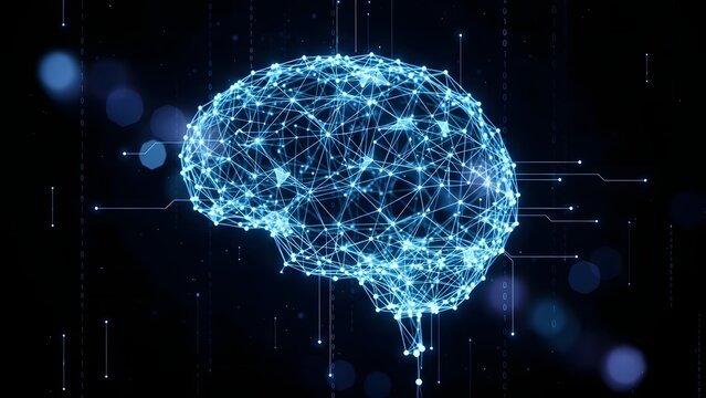 A futuristic digital brain made of glowing blue lines and dots on a dark background, representing artificial intelligence and technology, as seen in z (237).jpg