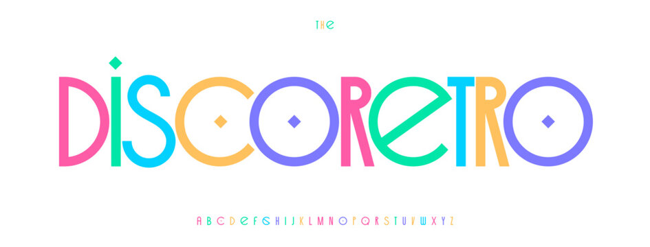 Colorful Modernist Font Minimalistic Funky Alphabet, Modern Retro Letters, Creative Geometric Shapes Type, Funky Groovy Postmodern Typographic Design in Pastel Funky 80s Disco Colors. Vector Typeset