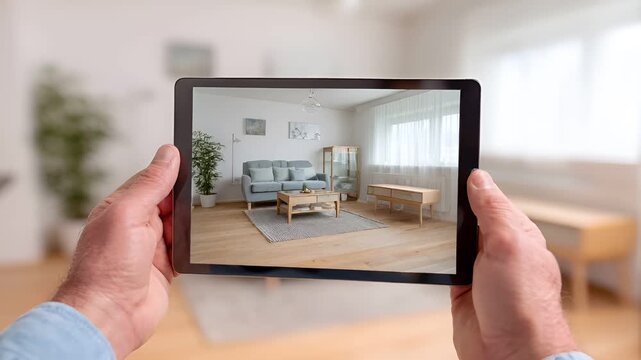 Real estate business market, house home building purchase sale. A person holding a tablet displaying a living room with a couch, table, houseplant, and wallmounted photo frames.