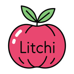 A cute and stylized illustration of a litchi fruit with green leaves and the name written inside