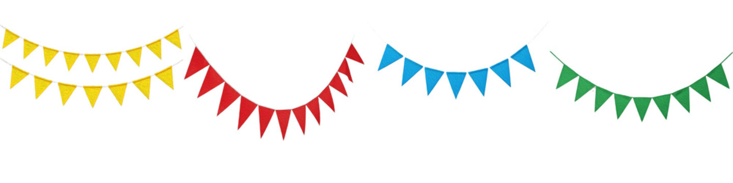 Colorful party bunting flags isolated on white background hanging triangle garland set yellow red blue green celebration pennants collection png transparent image