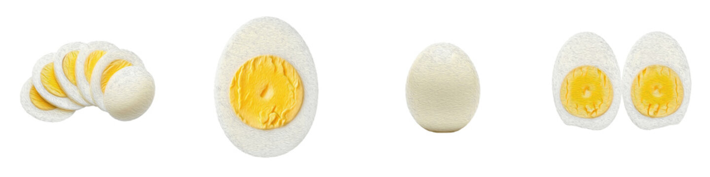 Hard boiled egg isolated on white background sliced egg halves and whole shelled eggs set protein food breakfast ingredient healthy snack png transparent cutout