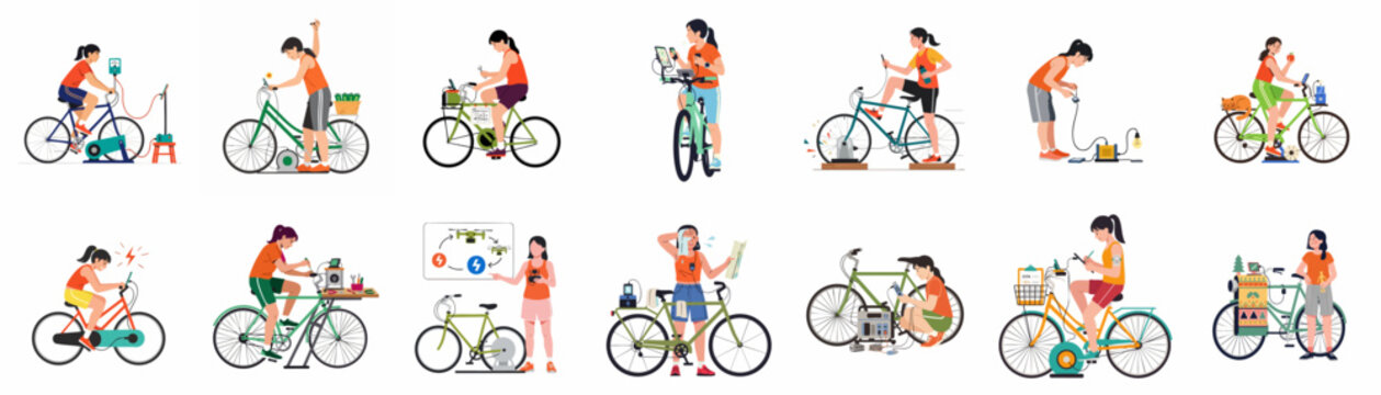 Bicycle Powered Innovations: Women generating clean energy, charging devices, and engaging in DIY projects.