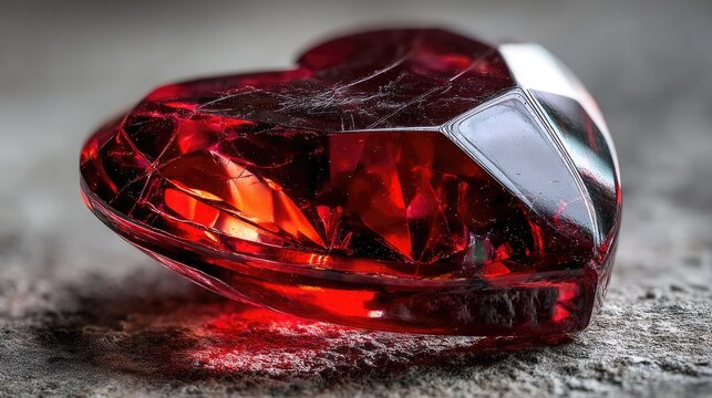 Faceted scarlet gem carved into a heart shape rests upon a rough stone surface