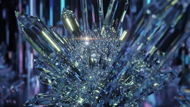 Close-up of large shiny blue crystal formation with colorful lights in background.
