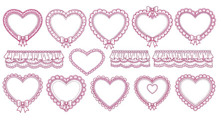 Assorted decorative pink hearts with various patterns and designs displayed together on a clean white background viewed from directly above