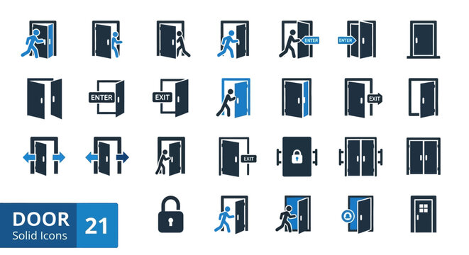 Collection of 21 assorted door icons in black and blue representing various actions and states of doors in a grid layout illustration