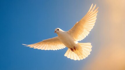 Obraz premium White dove flying gracefully in blue sky for International Day of Peace 