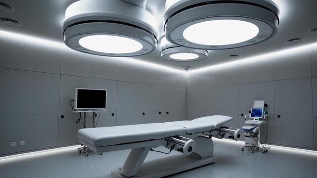 Modern Operating Theater, Advanced Surgical Room Setup Profile, Hightech Operating Space With Lights And Robots, Sophisticated Medical Theater Equipped With Modern Instruments And Robotic Technology