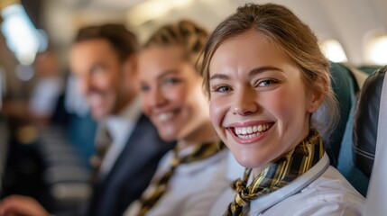 Obraz premium Smiling female flight attendant with colleagues on airplane