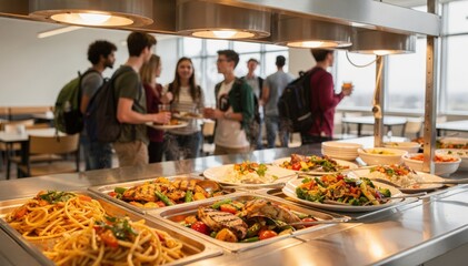 Obraz premium College dining hall serving line medium shot showing trays filled with hot meals in foreground and diverse college students waiting blurred behind.