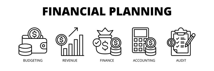 Financial Planning web banner icon vector illustration concept for financial strategy with icons of budgeting, revenue, finance, accounting and audit.