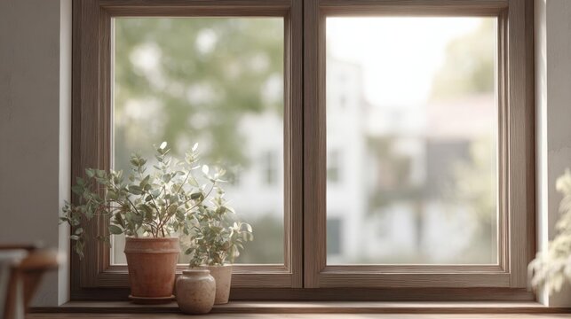 Window with a wooden frame and a glass pane. the window is open and the view outside is blurred, but it appears to be a room with a view of trees and buildings.