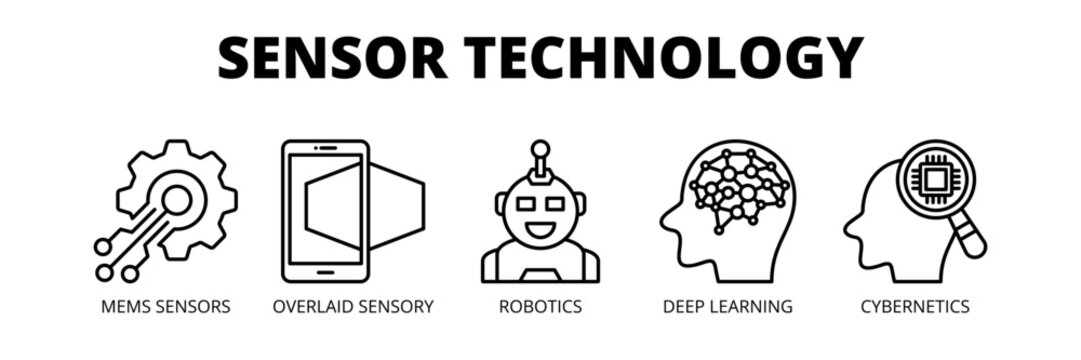 Sensor Technology web banner icon vector illustration concept for smart systems with icons of MEMS sensors, sensory systems, robotics, deep learning and cybernetics.