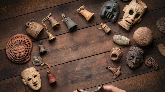 Hands organizing wooden masks and tribal artifacts on rustic wooden table