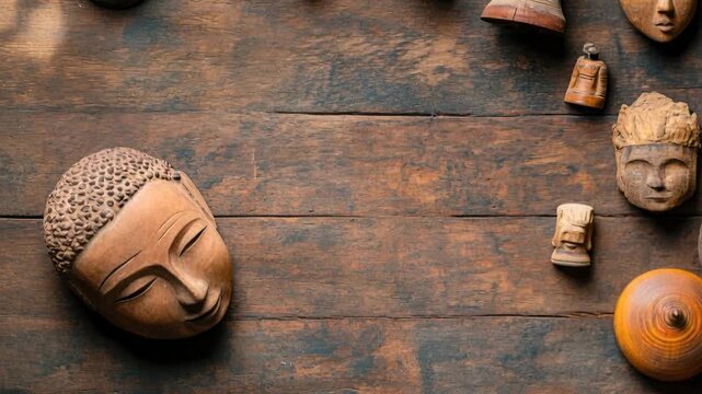 Crafting wooden sculptures: hands shaping artifacts on rustic table in timelapse progression
