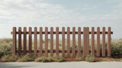 Obraz premium Wooden fence in the middle of a field. the fence is made up of horizontal slats of light brown wood, arranged in a horizontal manner.