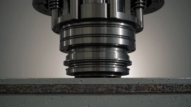 Closeup Die Descending Onto Steel Sheet Under Press, Concentric Tool Faces Align With Guided Rails While Impact Prepares Blanking Operation, Muted Studio Backdrop Highlights Metallic Texture
