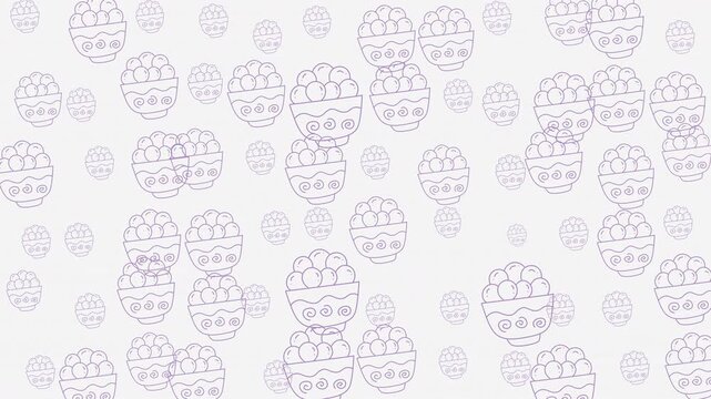 Food doodle pattern with overflowing bowls and colorful balls suitable for kitchen decor, packaging design, and childrens products. Whimsical and playful.