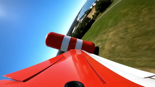 Wing mounted action camera view of red aerobatic plane striking inflatable air gate pylon during low altitude race flight