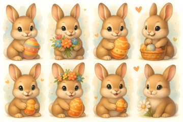 Obraz premium set of cute easter bunny, eggs and flowers, decorative elements, clipart, graphic design illustration 