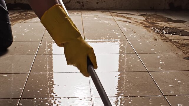 Cleaning dirty tiles with brush and water.