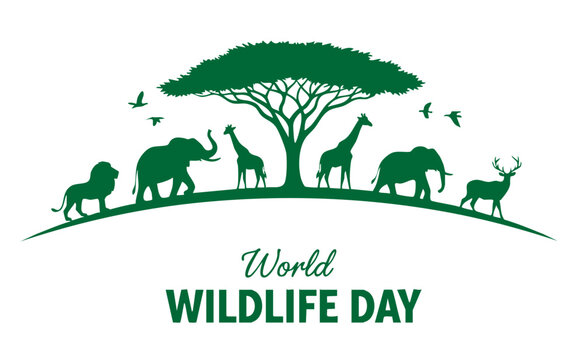 World Wildlife Day illustration featuring a silhouette of a large acacia tree with diverse animals below, including a lion, elephant, and giraffe
