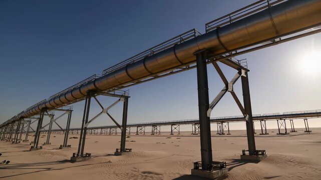 Pipeline Over Desert, Desert Pipeline Elevated With Structural Supports For Inspection Purposes, Pipeline Runs Above Arid Landscape Supported By Structures Designed For Inspection Access And Safety