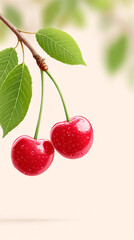 Obraz premium Vibrant red cherries hanging on branch with lush green leaves