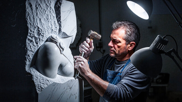 Sculptor chiseling marble statue in studio with focused expression  