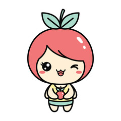 A cheerful cartoon character designed as a cute apple with a leaf on its head