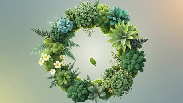 Succulent Wreath with Green Plants and White Flowers on Gradient Background