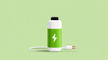 Green battery concept with lightning symbol and plug on light green background