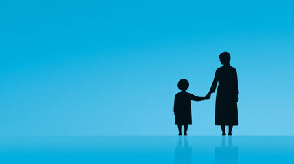 Fototapeta premium Heartwarming family connection: child and parent holding hands silhouette on blue background
