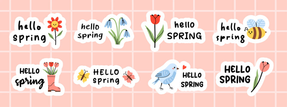 Vector cute hello spring sticker pack with flowers, snowdrops, tulip, rain boot, bird and bee. Playful sticker set for seasonal greeting cards, planner, scrapbooking, kids decor and social media.