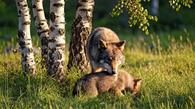 Wolf and Cubs in Forest Clearing.