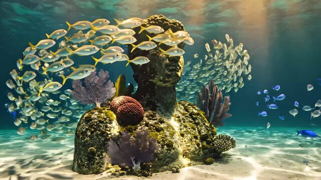 Cinematic underwater shot of an ancient stone statue bust on the ocean floor surrounded by a swirling school of yellowtail fish and blue chromis, illuminated by sunlight beams in a tropical sea