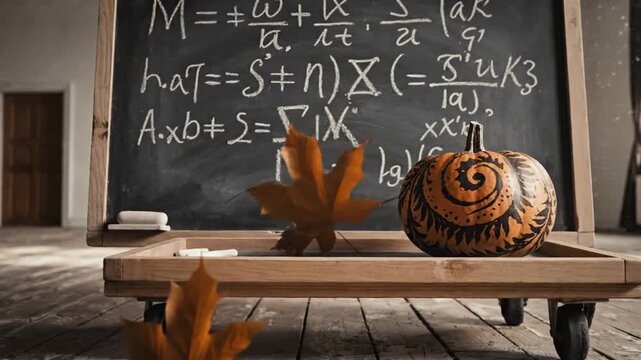 Wooden table with snail shell and leaves in front of a blackboard with complex mathematical equations.