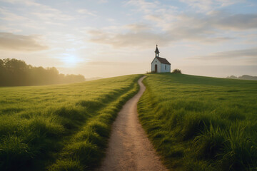 Country path leading to small chapel at sunrise symbolizing faith